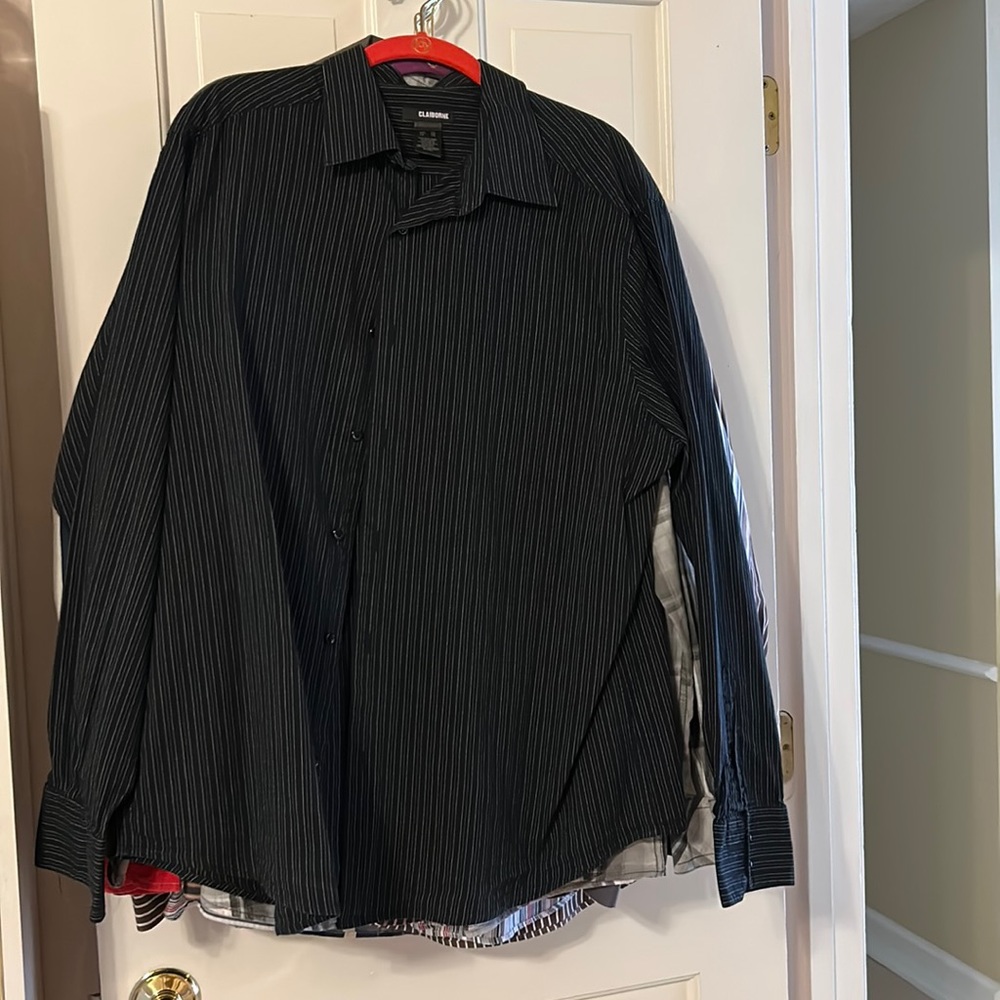 NWOT, XL, CLAIBORNE, LONG SLEEVE BUTTON DOWN SHIRT.Black w/pinstripes,NEVER WORN